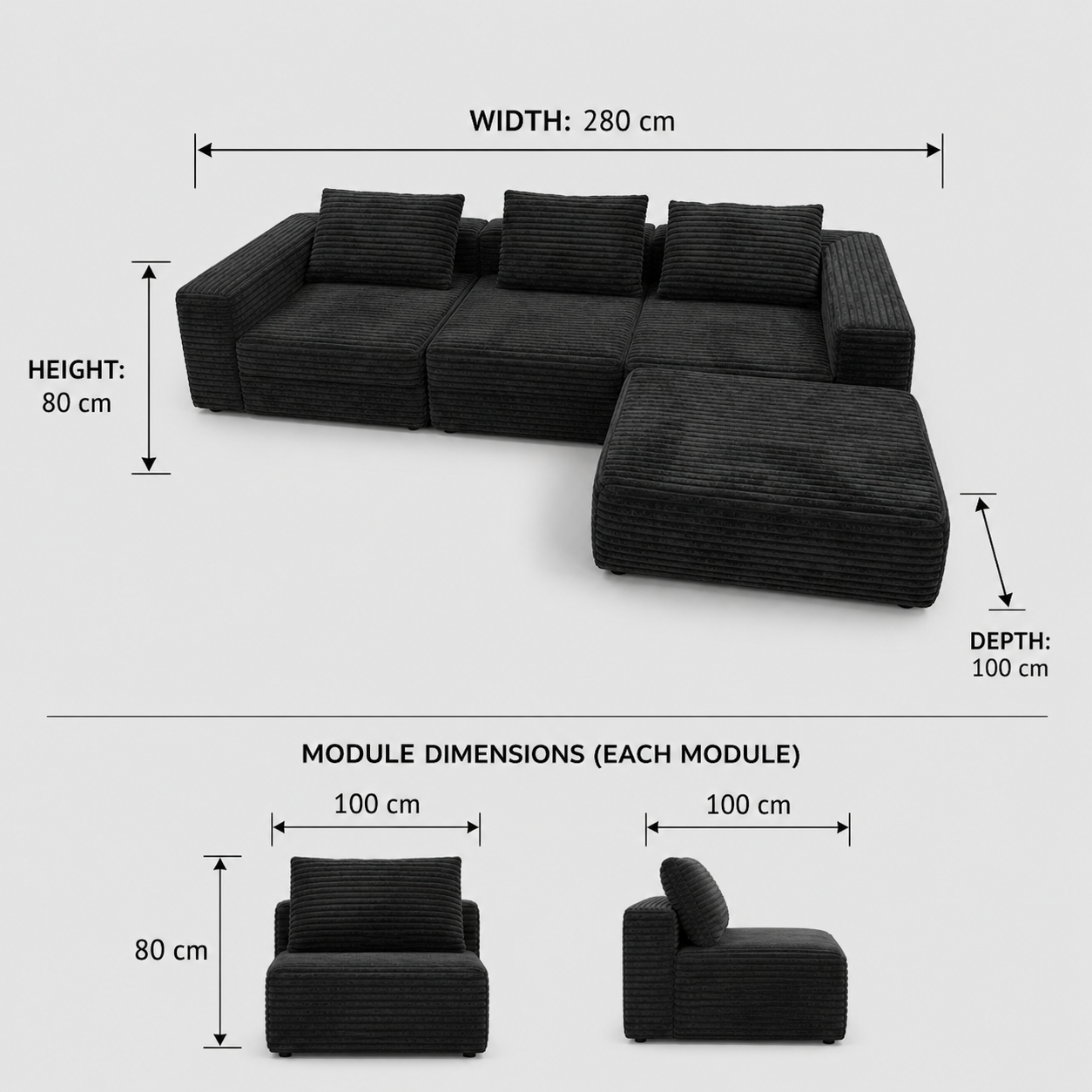 Black Cubic Cord Modular L-Shape Sofa, 280cm Extra Wide Sectional Multi Market World Inc.