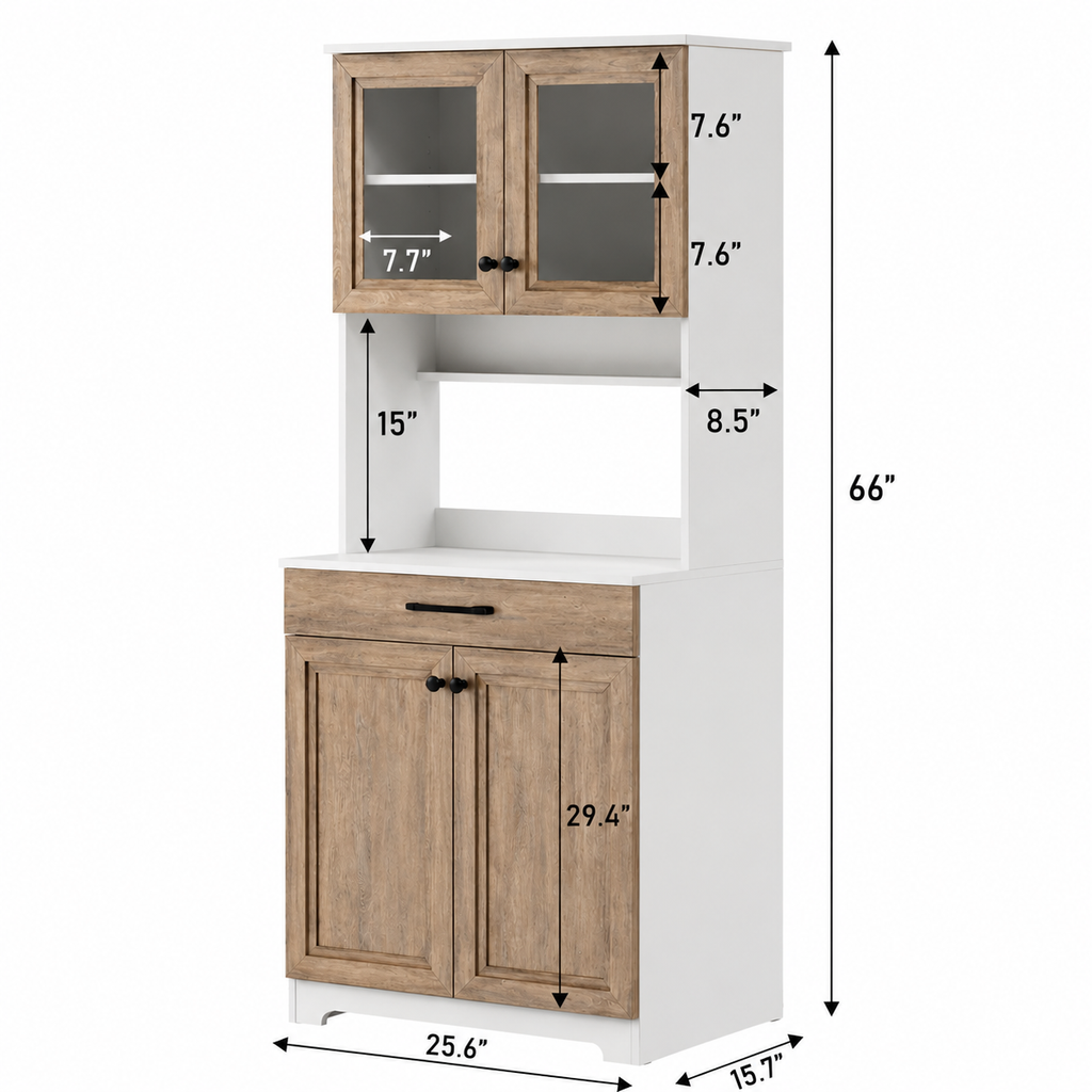 66" Tall Kitchen Pantry Cabinet with Built-in Power Outlet, Microwave Stand, Glass Doors, and Storage Cabinet Multi Market World Inc.