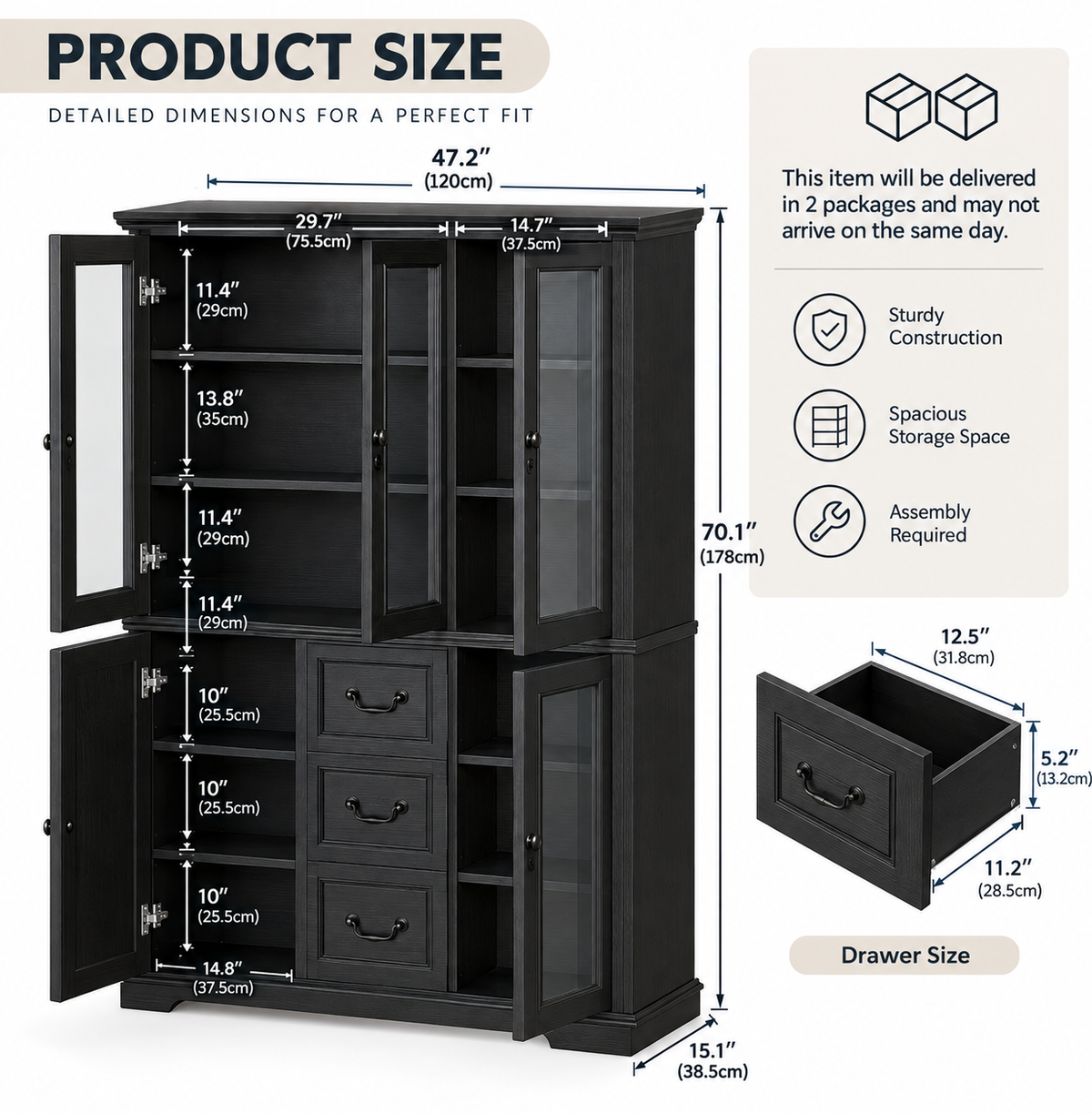 47.2" Large Kitchen Pantry Cabinet with Glass Doors, Hutch, and Drawers - Black Wood Grain Storage Cupboard for Dining Room and Living Room Multi Market World Inc.