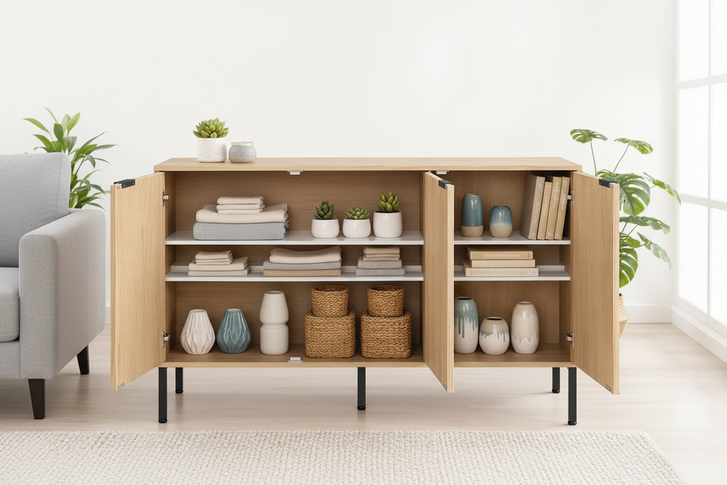 Modern Fluted 3-Door Storage Credenza & Buffet Cabinet Multi Market World Inc.