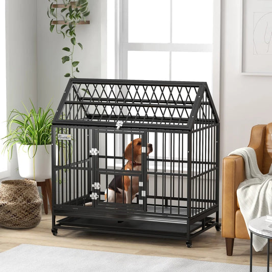 49" Heavy Duty Dog Crate with Removable Tray, Doors, Openable Roof, for Large and Extra Large Dogs, Black