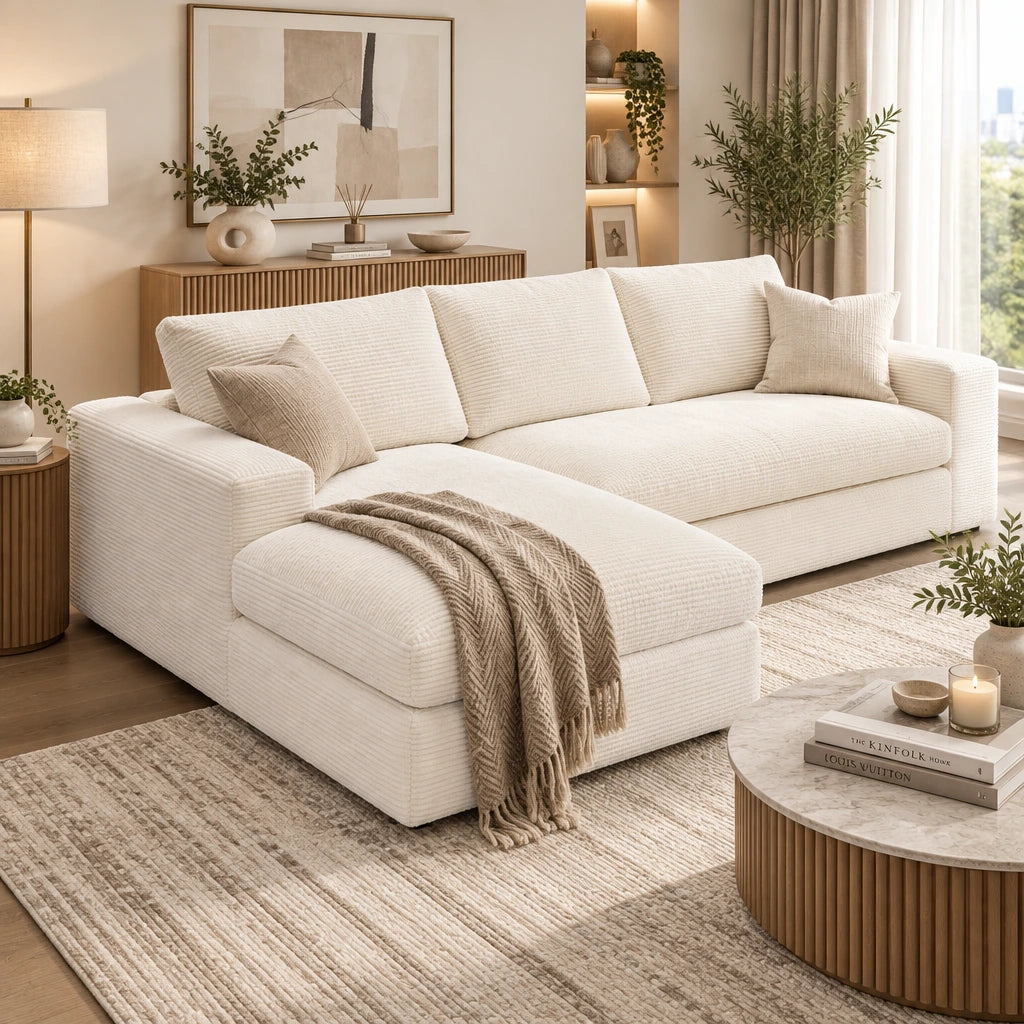 98.4" Boneless Sectional Sofa with Lounge Chaise, Soft Corduroy, Off-White Multi Market World Inc.