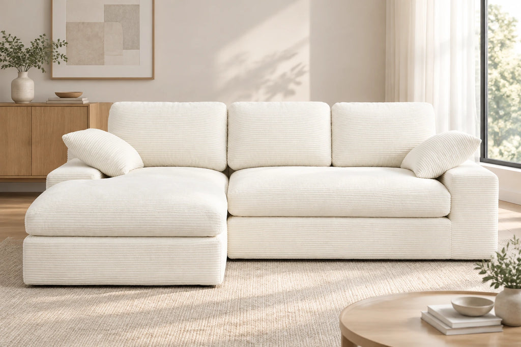 White sectional sofa with decorative pillows in a living room setting, with text indicating delivery in two separate packages.