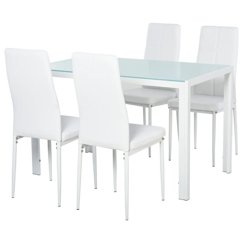Dining Table Set for 4, 5-Piece Rectangular Glass Kitchen Table and Chairs with Metal Frame and Faux Leather Upholstery for Dining Room, Living Room, White