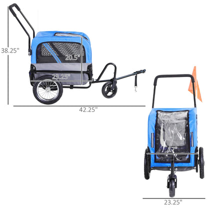 Dog Bike Trailer 2-In-1 Pet Stroller Cart Bicycle Wagon Cargo Carrier Attachment for Travel with 360 Swivel Wheel, Hitch, Suspension, Safety Flag, Blue