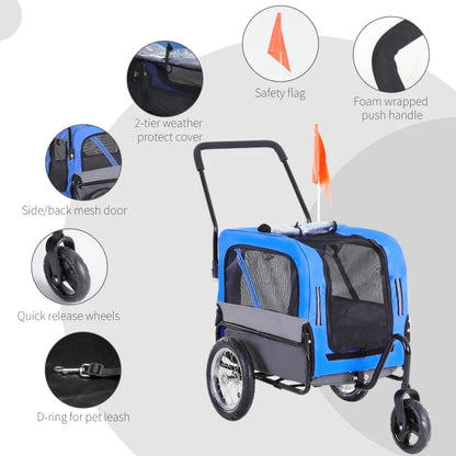 Dog Bike Trailer 2-In-1 Pet Stroller Cart Bicycle Wagon Cargo Carrier Attachment for Travel with 360 Swivel Wheel, Hitch, Suspension, Safety Flag, Blue