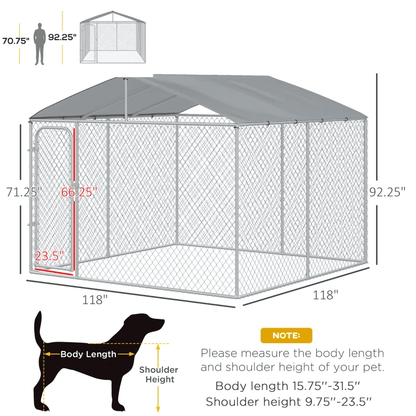 Dog Kennel Outdoor Run Fence with Roof, Steel Lock, Mesh Sidewalls for Backyard & Patio, 9.8' x 9.8' x 7.7'