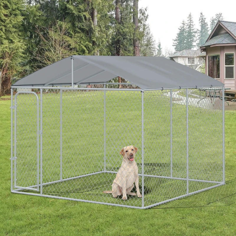 Dog Kennel Outdoor Run Fence with Roof, Steel Lock, Mesh Sidewalls for Backyard & Patio, 9.8' x 9.8' x 7.7' Multi Market World Inc.