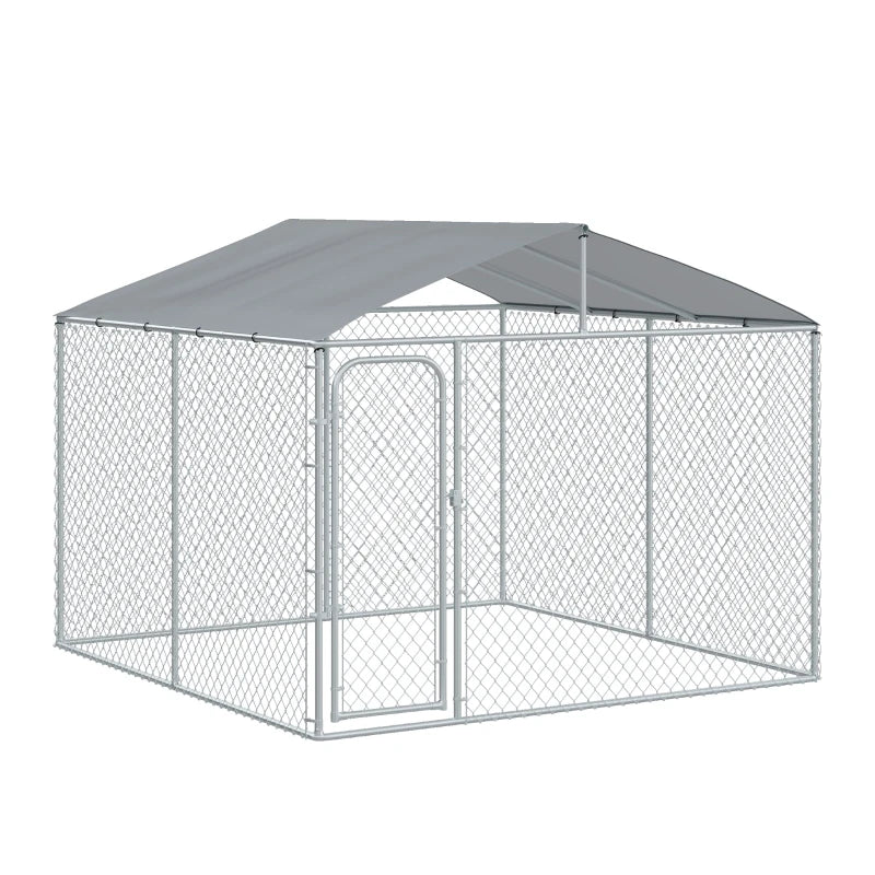 Dog Kennel Outdoor Run Fence with Roof, Steel Lock, Mesh Sidewalls for Backyard & Patio, 9.8' x 9.8' x 7.7' Multi Market World Inc.
