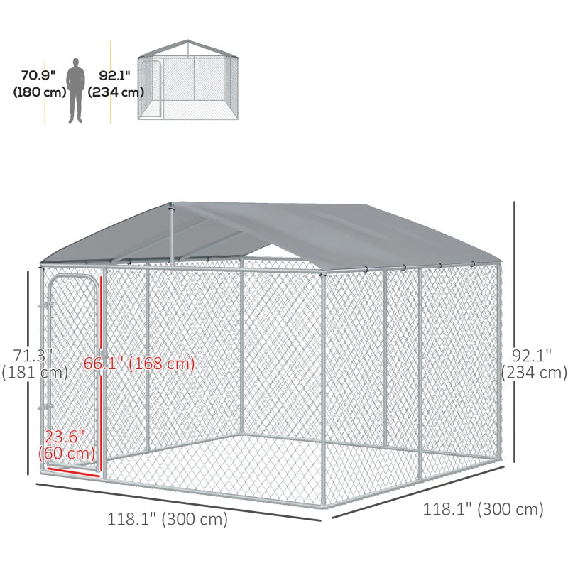 Dog Kennel Outdoor Run Fence with Roof, Steel Lock, Mesh Sidewalls for Backyard & Patio, 9.8' x 9.8' x 7.7' Multi Market World Inc.