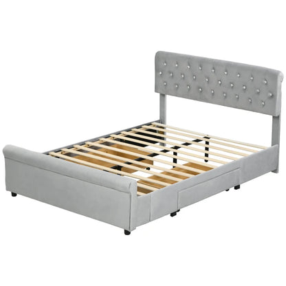Full Bed Frame with Headboard, Double Bed Frame with 2 Drawers, No Box Spring Needed, Easy Assembly, Light Grey