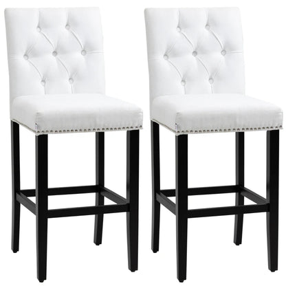 Fabric Bar Stool Set of 2, Tall 29.5 Seat Height Bar Chairs with Tufted Back & Wood Legs, Cream White