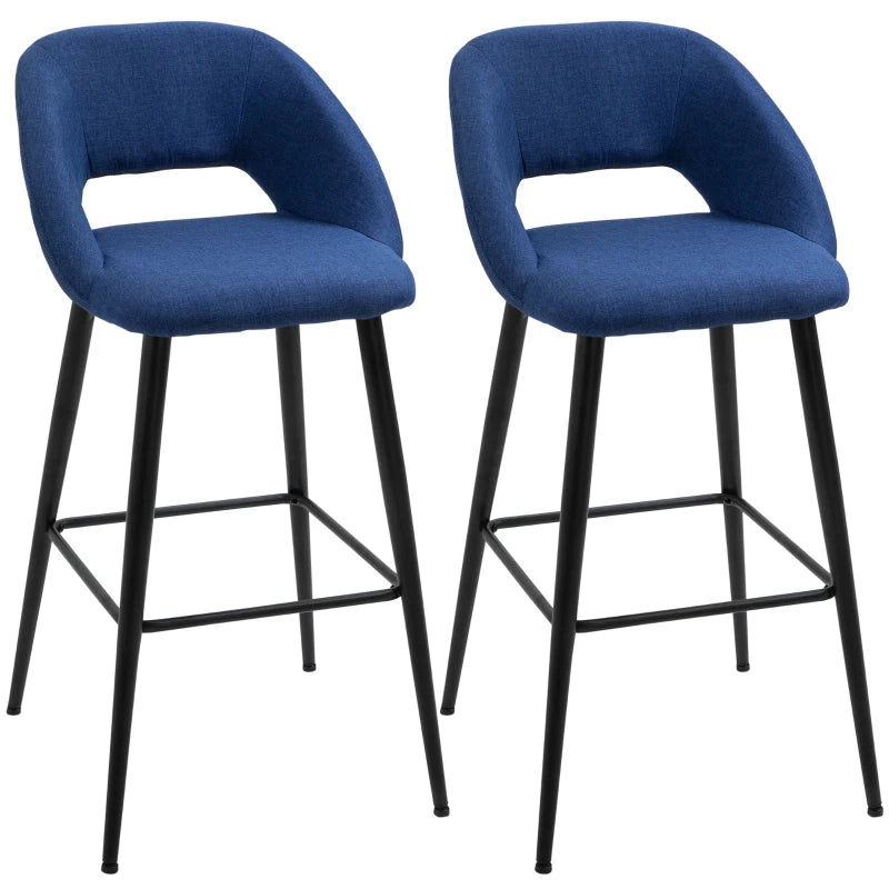 Fabric Bar stools Set of 2, 29.5" Pub Height Chairs with Steel Legs, Backrest for Kitchen Counter, Dining Room, Bistro Table, Blue