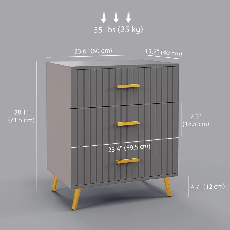 3 Drawer Cabinet, Drawer Chest for Bedroom, Chest of Drawers with Aluminium Legs and Gold Handles, Dark Grey Multi Market World Inc.