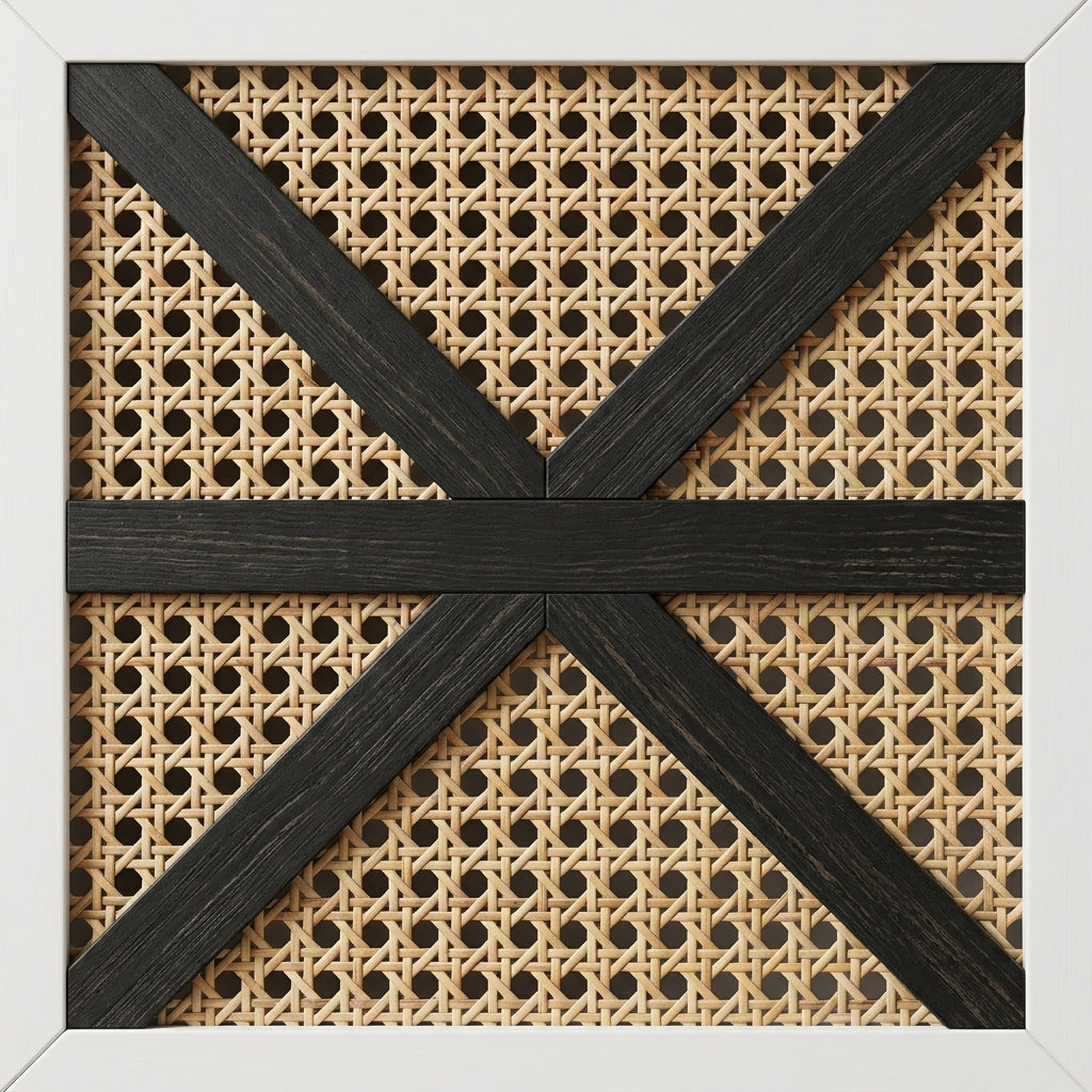 Detail of natural cane rattan panel with black arrow trim