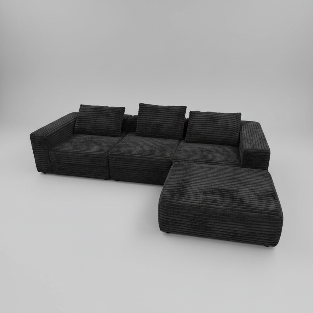 Black Cubic Cord Modular L-Shape Sofa, 280cm Extra Wide Sectional Multi Market World Inc.
