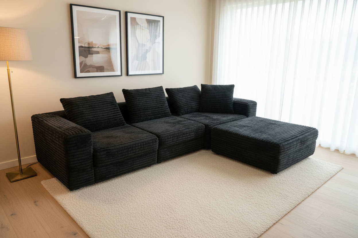 Black Cubic Cord Modular L-Shape Sofa, 280cm Extra Wide Sectional Multi Market World Inc.