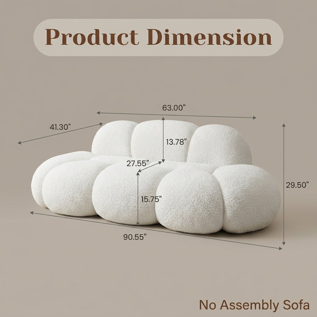 Cloud boucle sofa dimensions diagram: 90.55 x 41.30 x 29.50 inches, seat height 15.75 inches