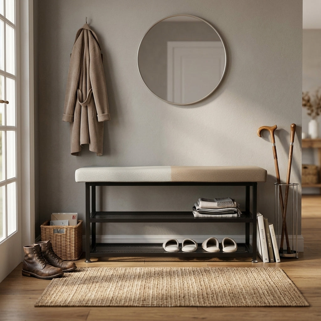 Entryway shoe bench with padded cushion and 2 mesh shoe shelves in a hallway