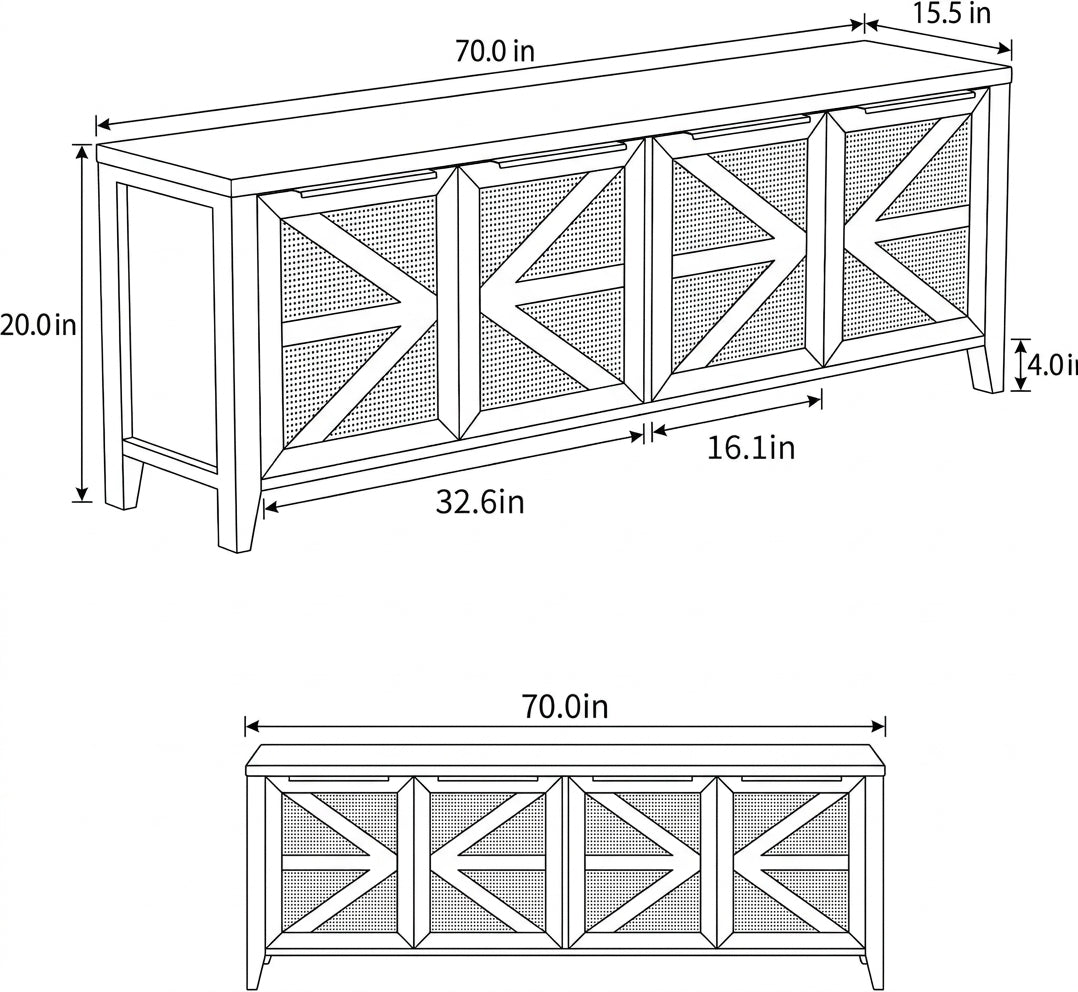 TV stand dimensions: 70 x 15.5 x 20 inches, 4 inch legs, doors 16.1 inches wide