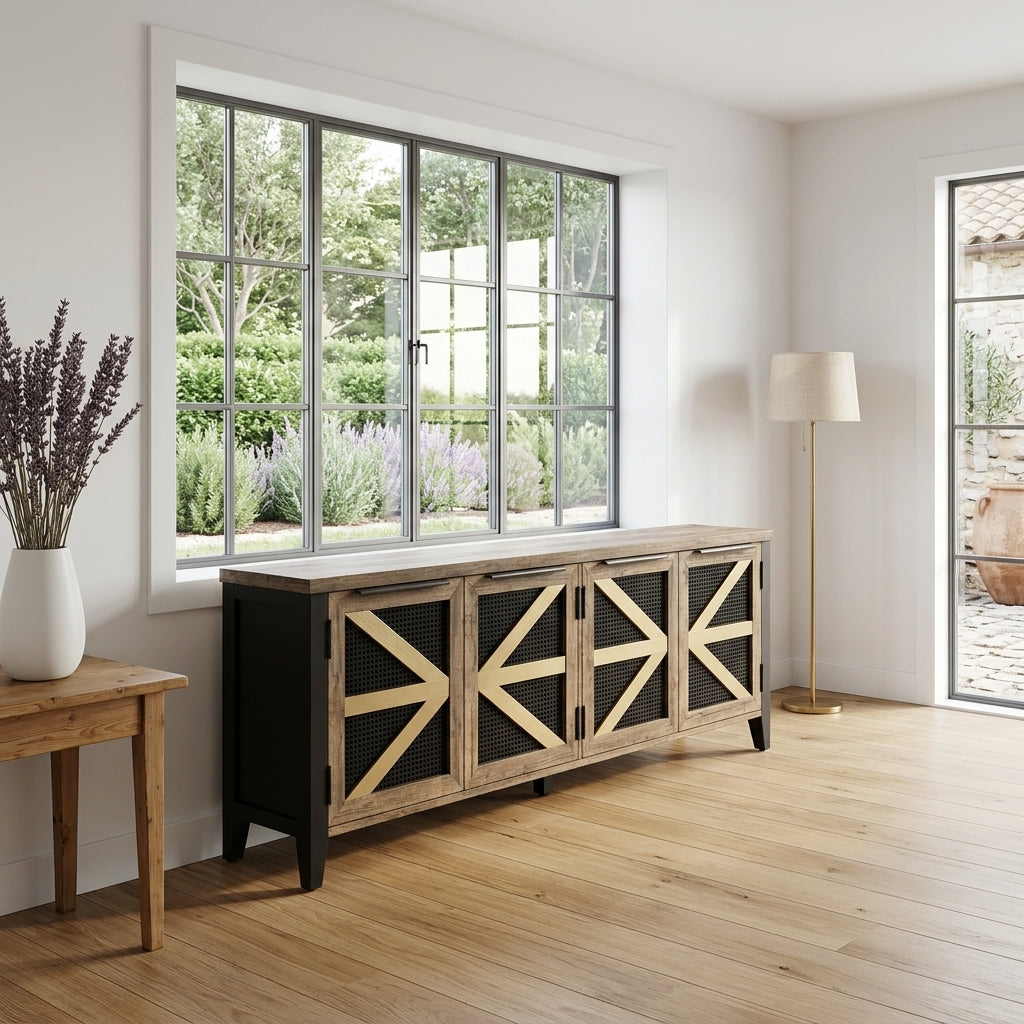 Oak farmhouse accent cabinet with black frame and 4 rattan arrow doors by a window
