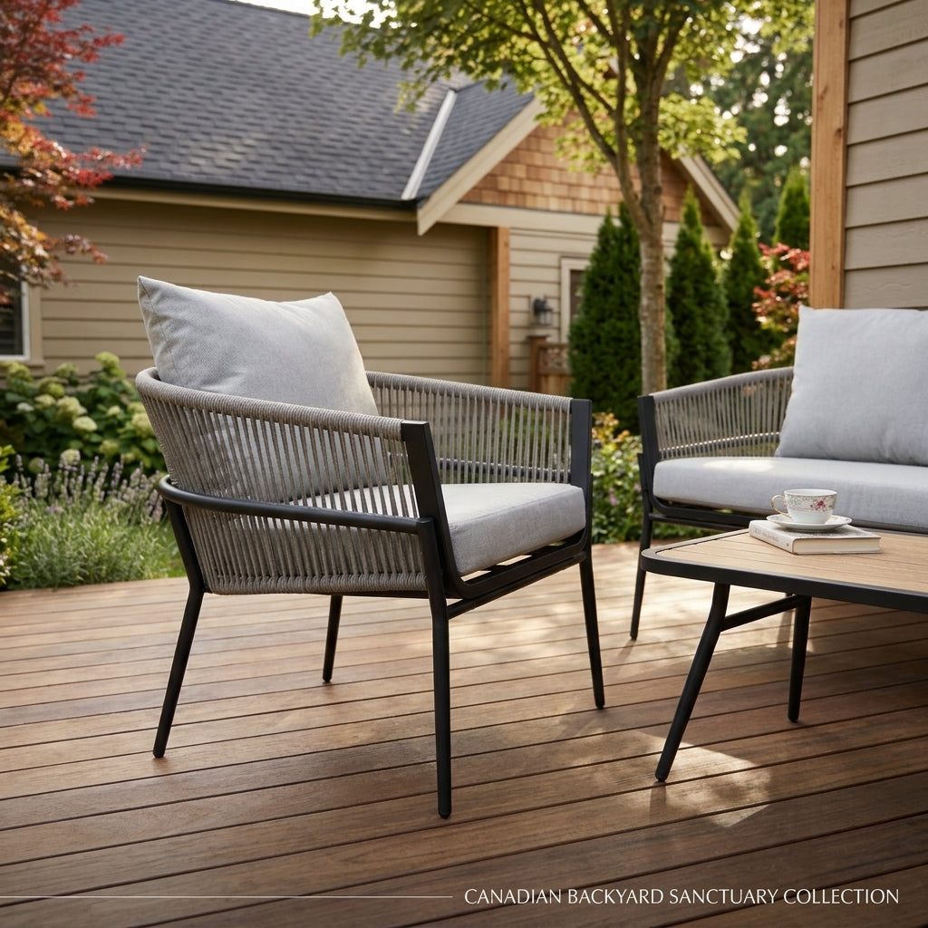 Close-up of rope woven patio armchair with thick light grey cushions on a deck