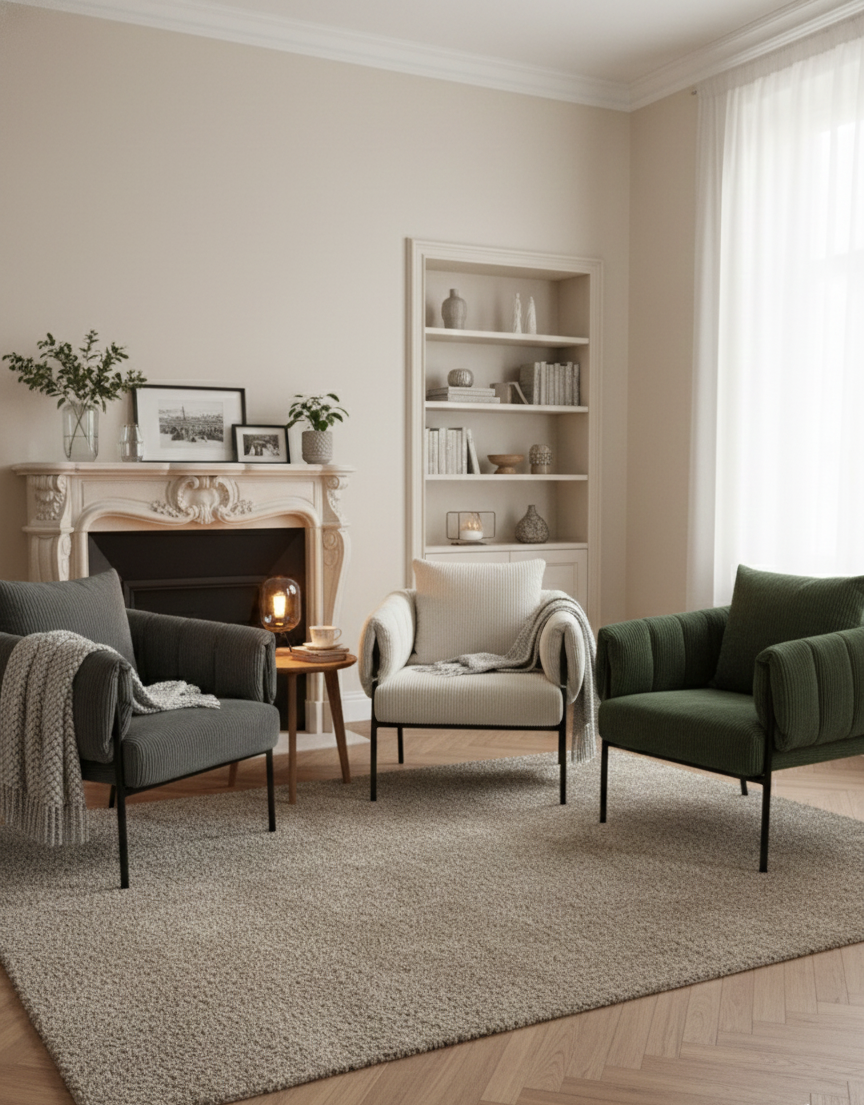 Sage Corduroy Accent Chair - Cozy Oversized Armchair with Matte Black Metal Frame - Mid-Century Industrial Reading Chair Multi Market World Inc.