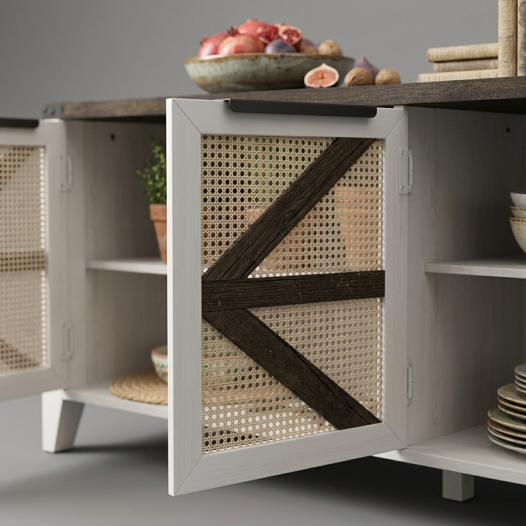 Close-up of cane rattan door with dark arrow trim on white TV stand