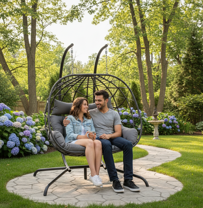 Rattan Two-Seater Patio Egg Chair, Grey Cushion, Hanging Egg Chair