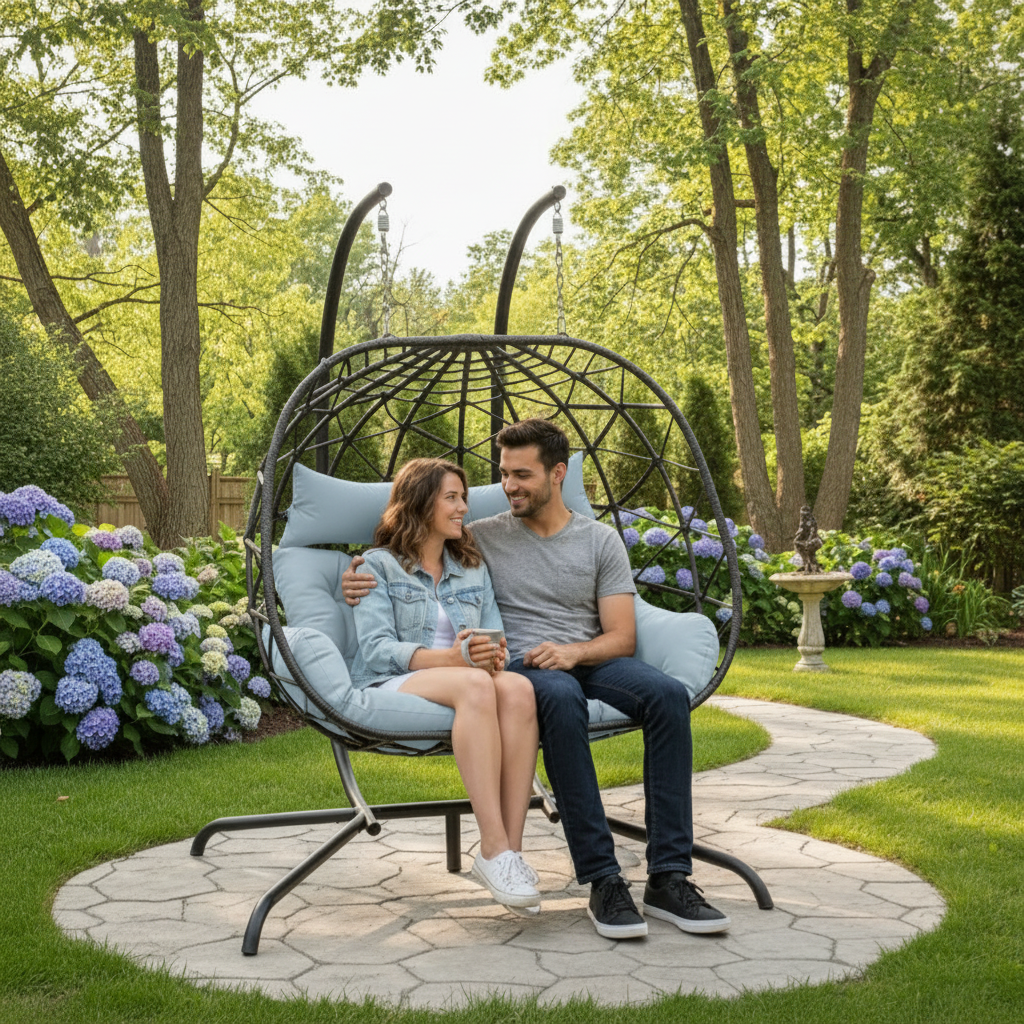 Rattan Two-Seater Patio Egg Chair, Grey Cushion, Hanging Egg Chair Multi Market World Inc.