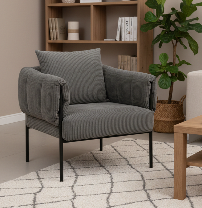 Sage Corduroy Accent Chair - Cozy Oversized Armchair with Matte Black Metal Frame - Mid-Century Industrial Reading Chair Multi Market World Inc.
