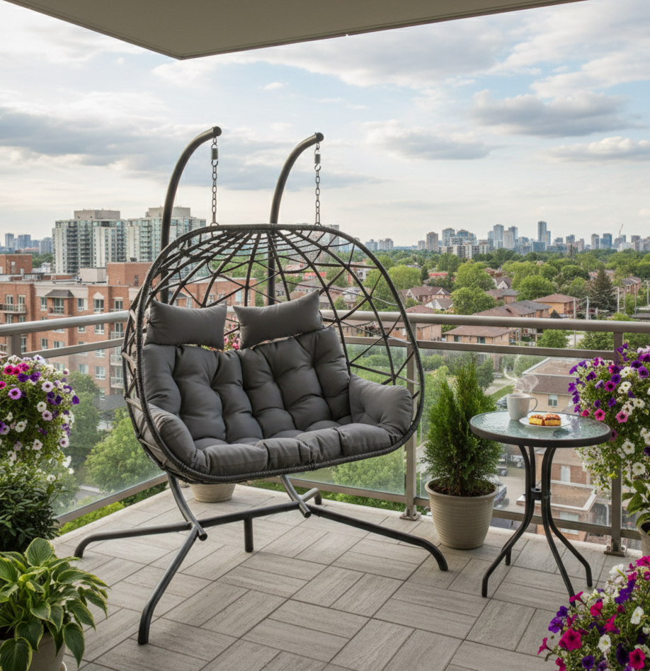 Rattan Two-Seater Patio Egg Chair, Grey Cushion, Hanging Egg Chair Multi Market World Inc.