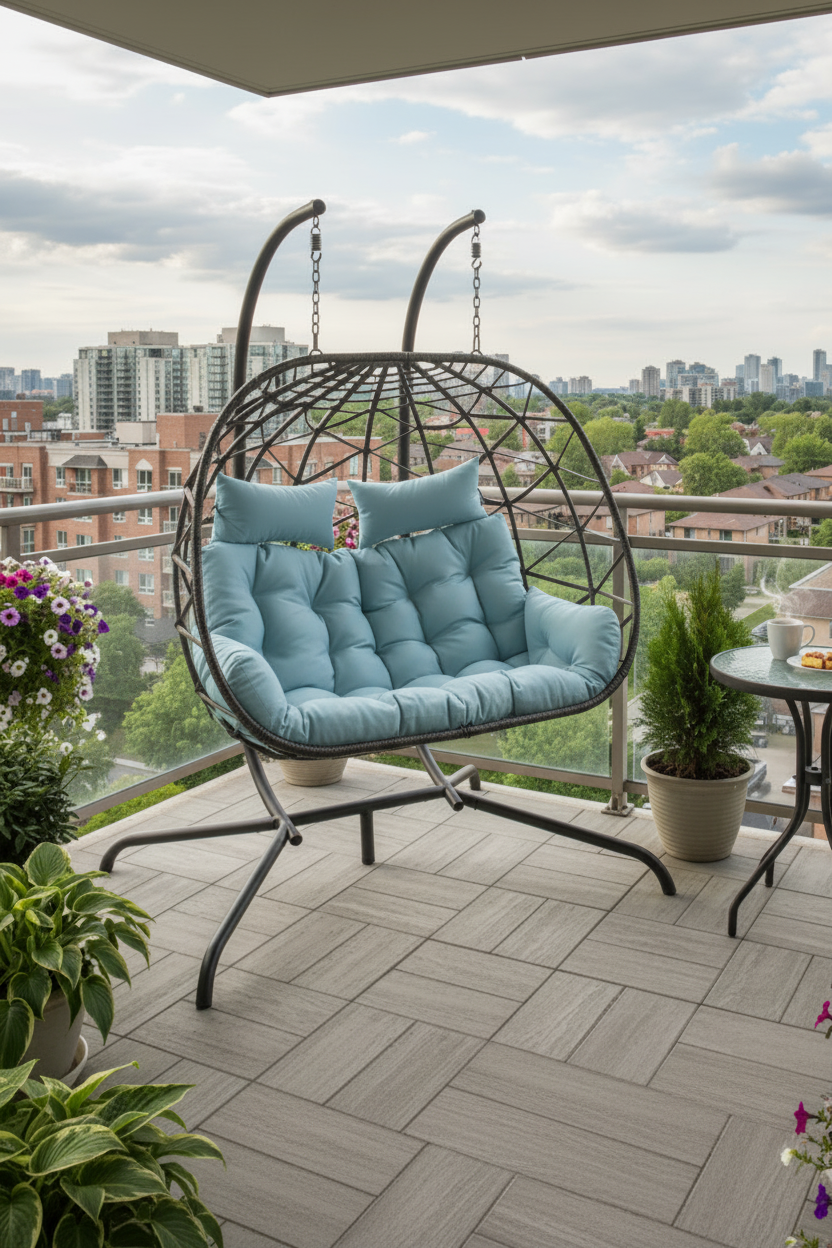Rattan Two-Seater Patio Egg Chair, Grey Cushion, Hanging Egg Chair Multi Market World Inc.