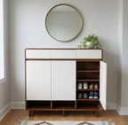 Shoe Storage Cabinet, 120 cm Wide, Walnut and White, 3 Doors with Open Shelving, up to 30 Pairs Multi Market World Inc.