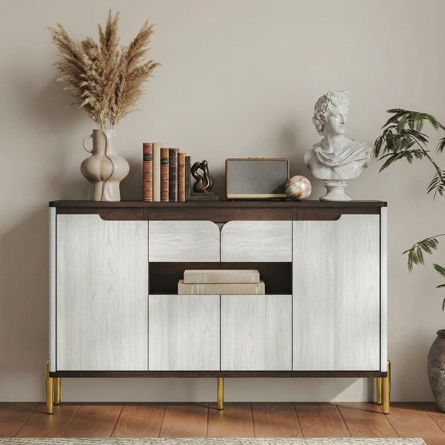 47.2 inch white and walnut sideboard buffet with gold legs, 4 doors, drawer and open shelf in a styled living room