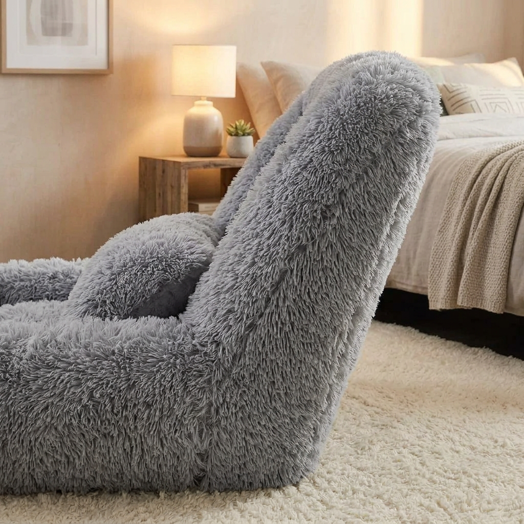 Side view of plush gray faux fur lounger with adjustable backrest upright