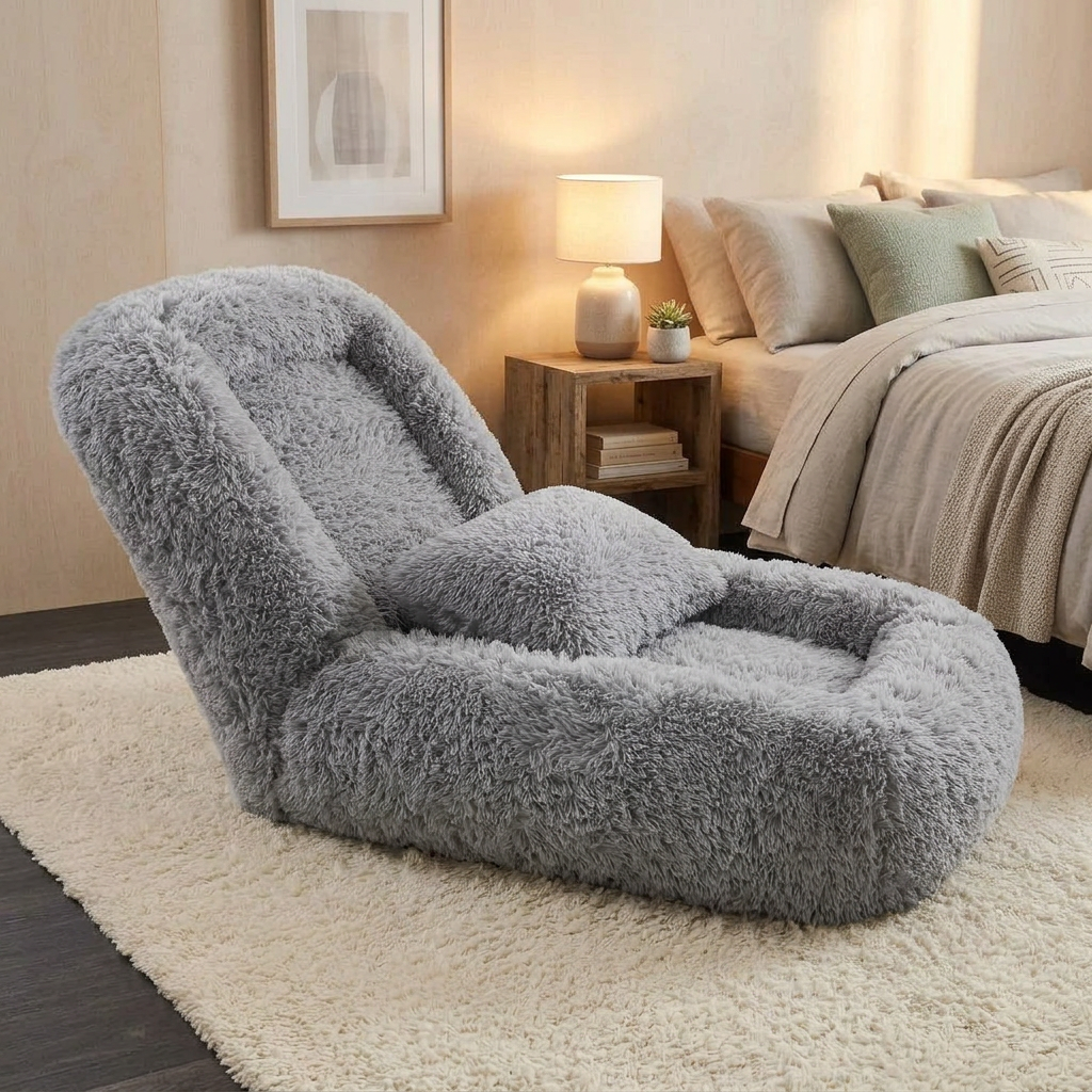 Fluffy gray human dog bed adjusted into an upright floor chair with pillow next to a bed