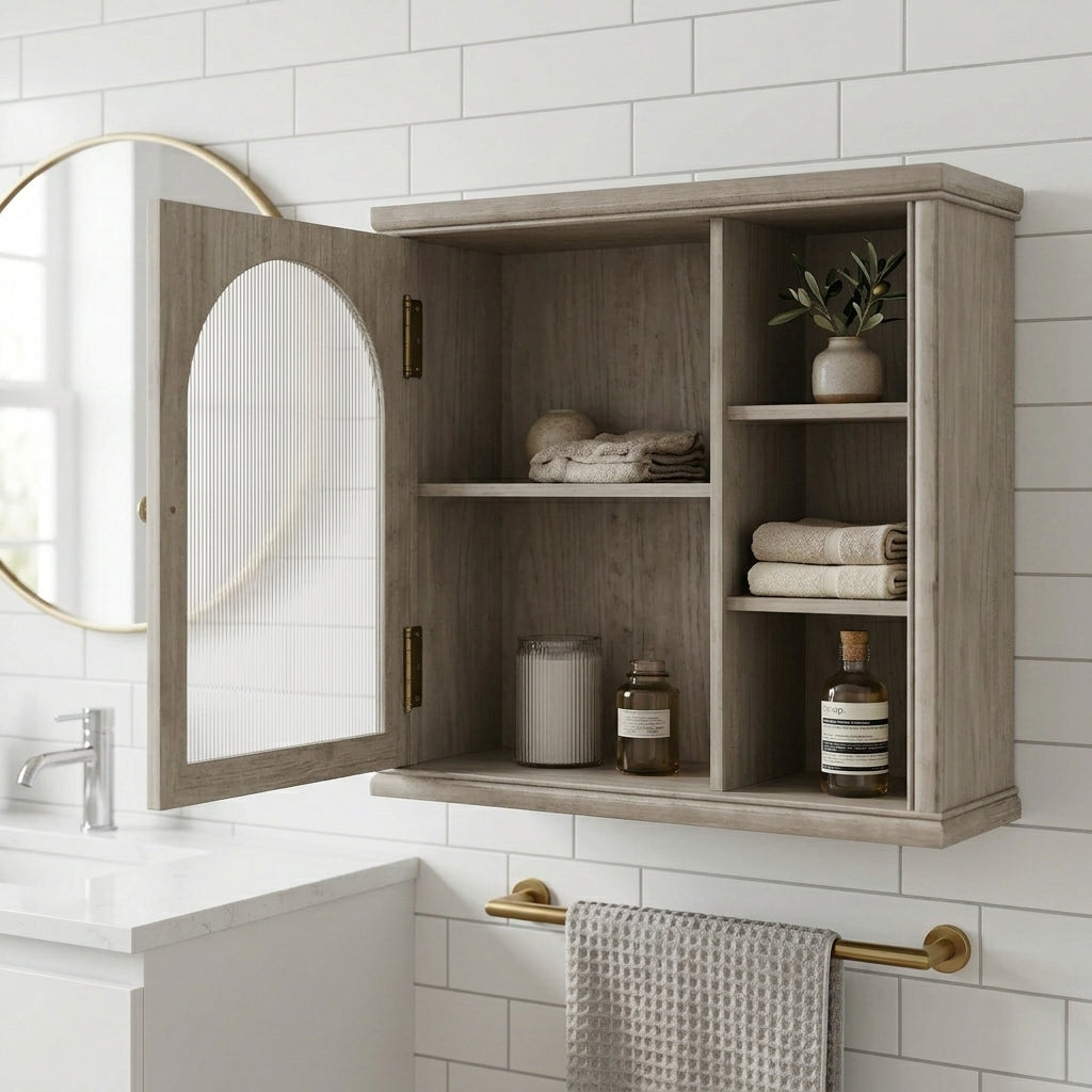 Grey oak bathroom wall cabinet with door open showing adjustable shelf and open side compartments