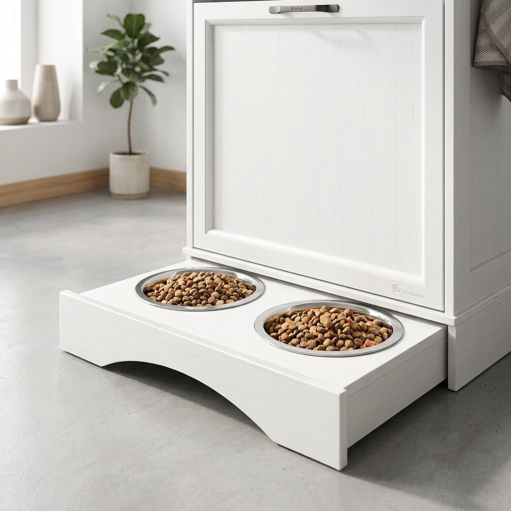 Pull-out pet feeding tray with 2 stainless steel bowls of dog food under the trash cabinet