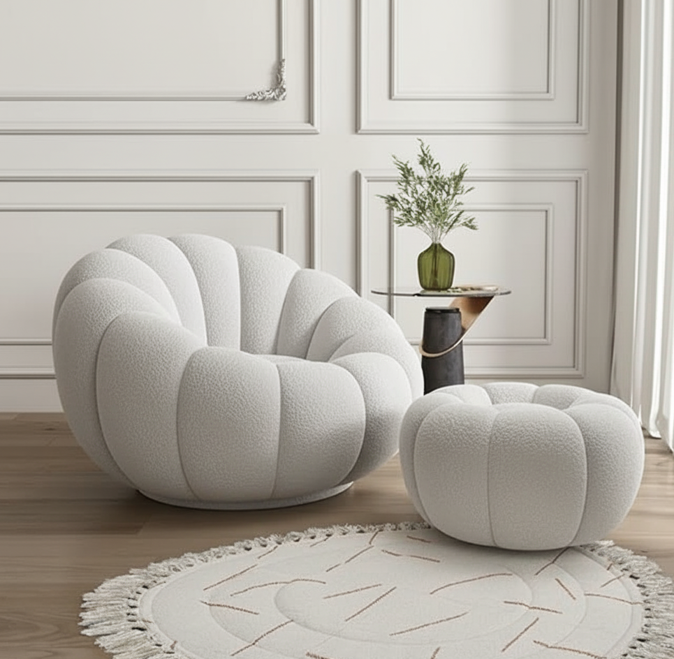 Pumpkin Swivel Accent Chair, Modern Lounge Sofa Round Barrel Chair, Wool Chair with Ottoman