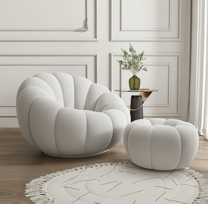 Pumpkin Swivel Accent Chair, Modern Lounge Sofa Round Barrel Chair, Wool Chair with Ottoman