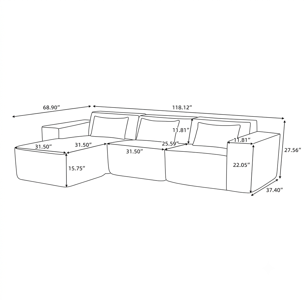 Modular Sectional Boness Sofa with Chaise, No-leg Couch, Dark Grey Multi Market World Inc.