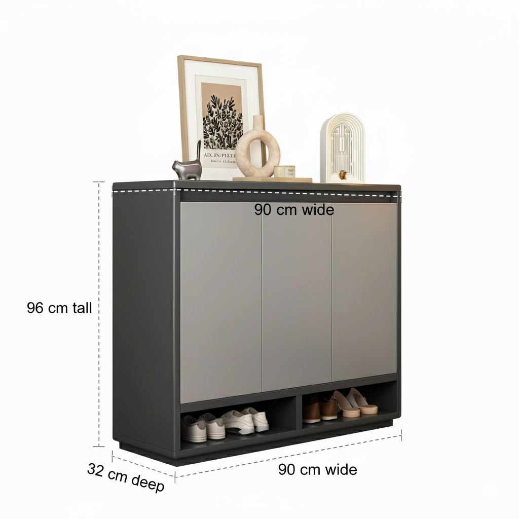Shoe Storage Cabinet, 90 cm Wide, 3 Doors with Open Shelf, Minimalist Entryway Organizer, Grey Multi Market World Inc.