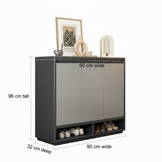 Shoe Storage Cabinet, 90 cm Wide, 3 Doors with Open Shelf, Minimalist Entryway Organizer, Grey