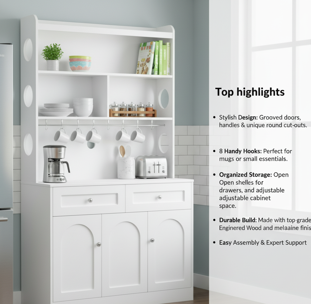 White Kitchen Pantry Cabinet with Hutch, Coffee Bar Station, 185.5cm Height Storage Organizer, Adjustable Shelves, 8 Mug Hooks, Modern Farmhouse Design