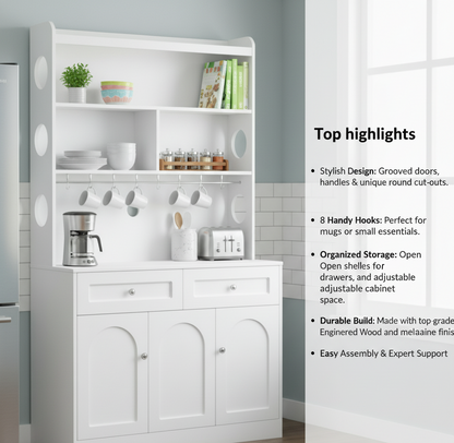 White Kitchen Pantry Cabinet with Hutch, Coffee Bar Station, 185.5cm Height Storage Organizer, Adjustable Shelves, 8 Mug Hooks, Modern Farmhouse Design