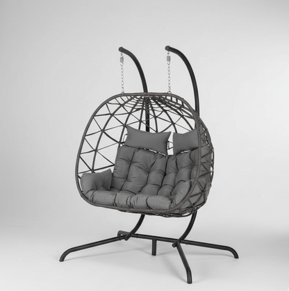 Rattan Two-Seater Patio Egg Chair, Grey Cushion, Hanging Egg Chair