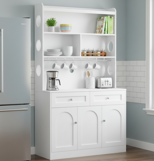 White Kitchen Pantry Cabinet with Hutch, Coffee Bar Station, 185.5cm Height Storage Organizer, Adjustable Shelves, 8 Mug Hooks, Modern Farmhouse Design