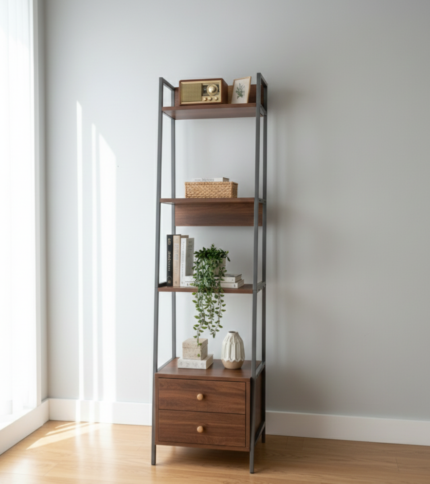5 Tiers Metal Bookshelf,Free Standing Industrial Ladder Shelf with 2 Storage Drawers Multi Market World Inc.