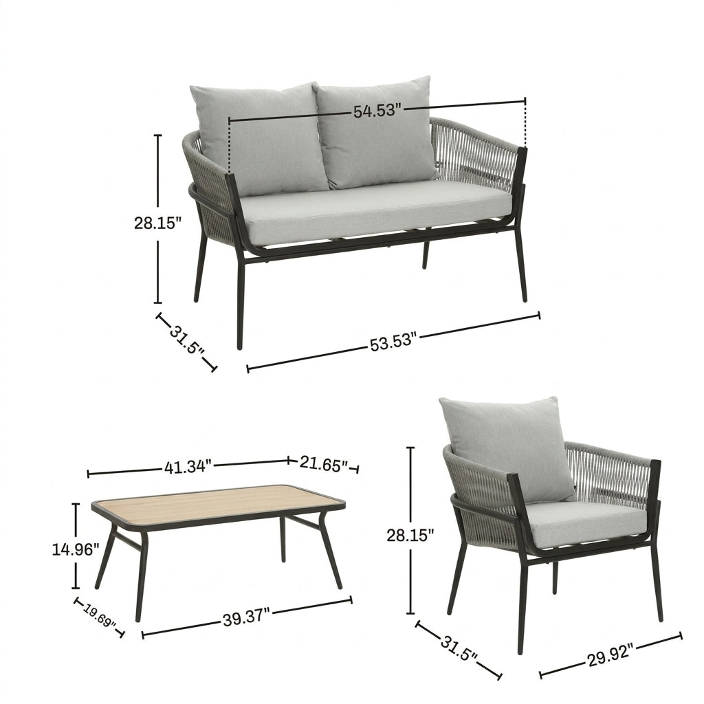 Patio set dimensions: loveseat 54.53 x 31.5 x 28.15 in, chair 29.92 x 31.5 x 28.15 in, table 41.34 x 21.65 x 14.96 in